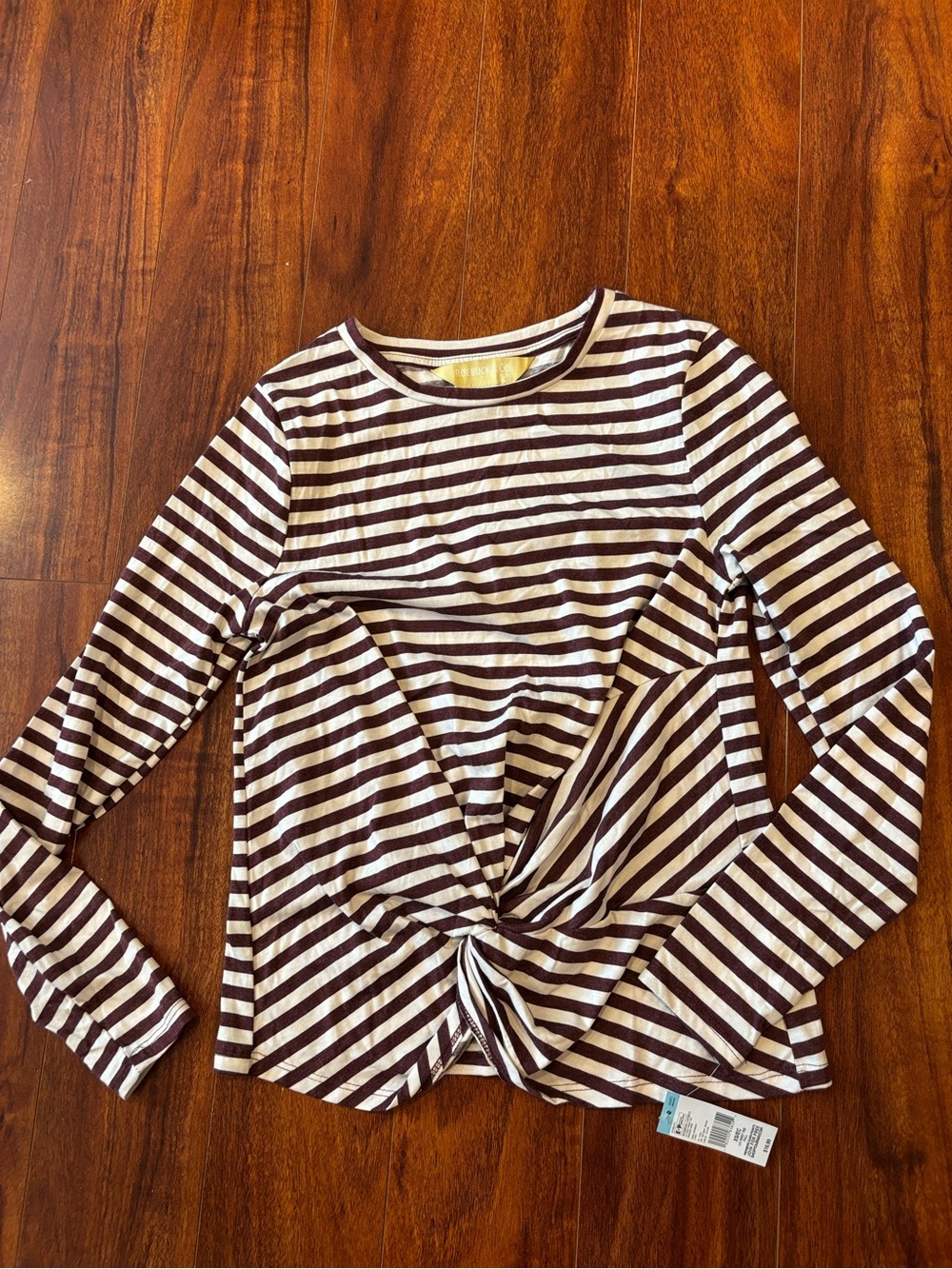 Striped Twist-Front Long Sleeve Top - Brown & Cream